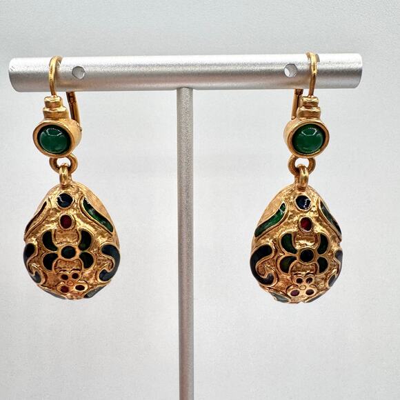 Vintage Faux Gripoix Turkish Style Enamel Dangle Earrings Ornate Leverback Chic - Picture 5 of 11